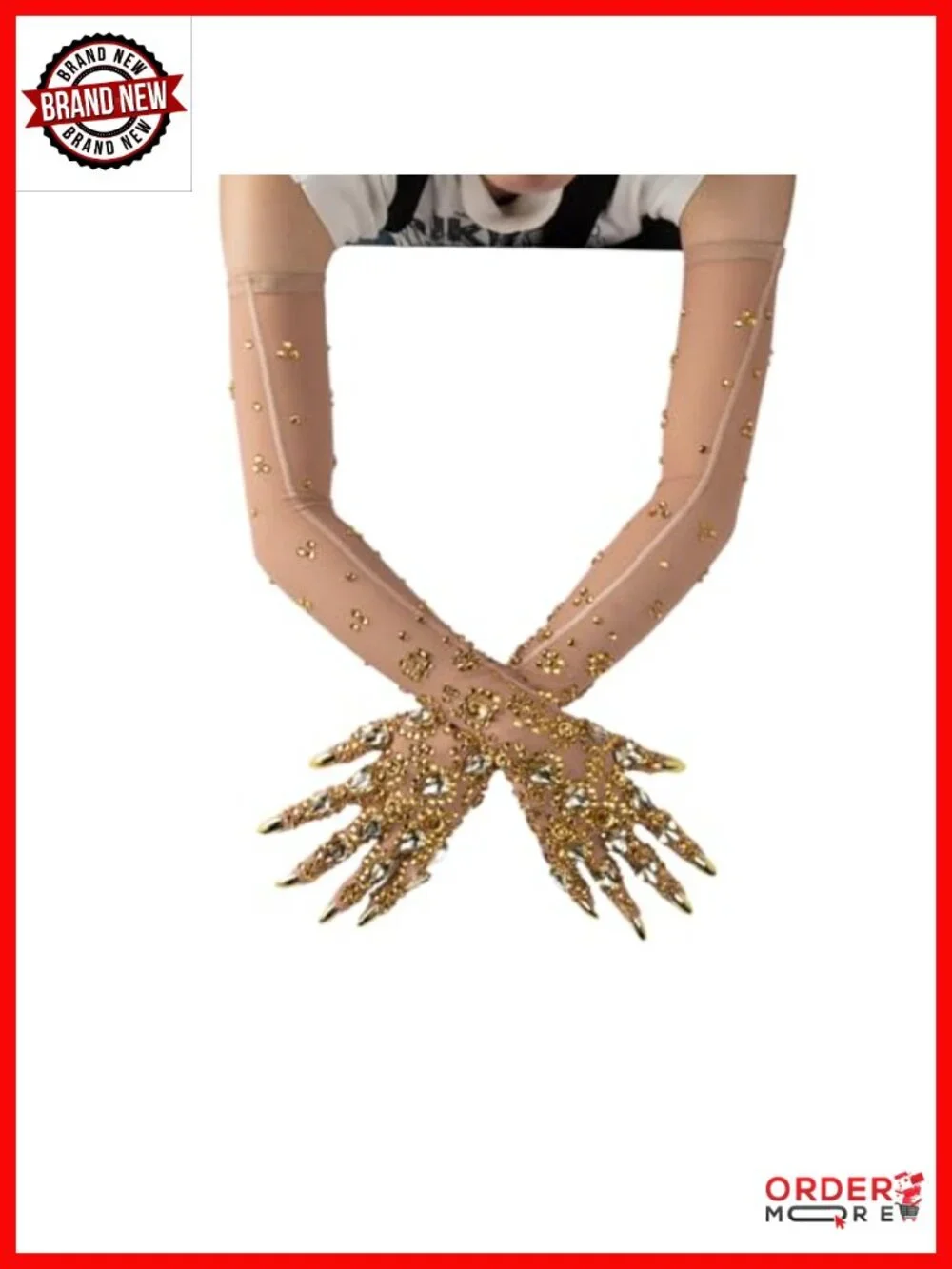 Rhinestone Mesh Opera Gloves with Built-in Gold Nail Tips, Stretchy One Size